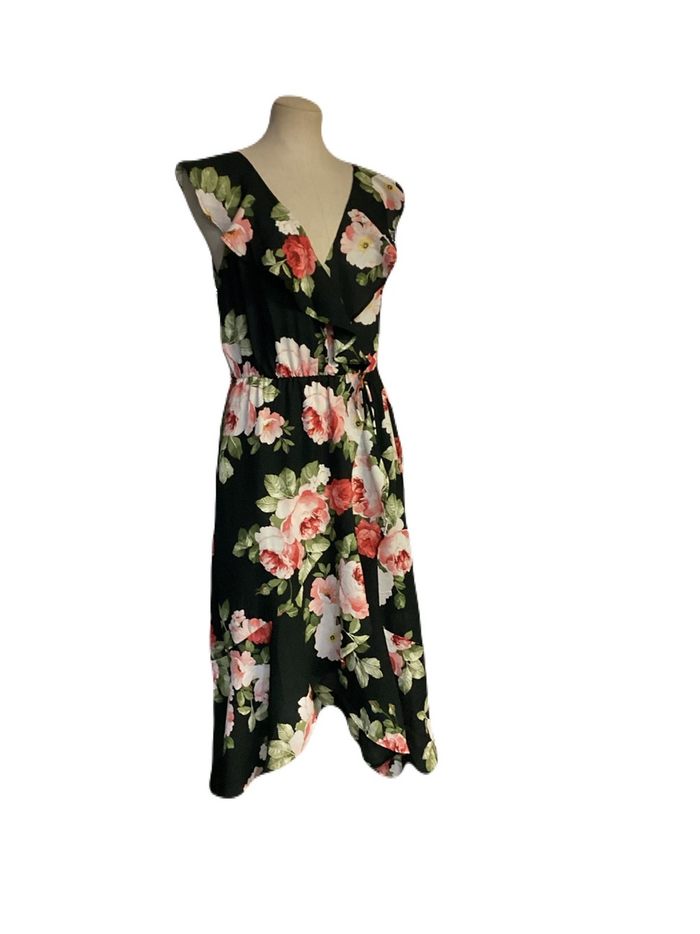 Socialite Black Midi Dress with Pink and Cream Floral Print